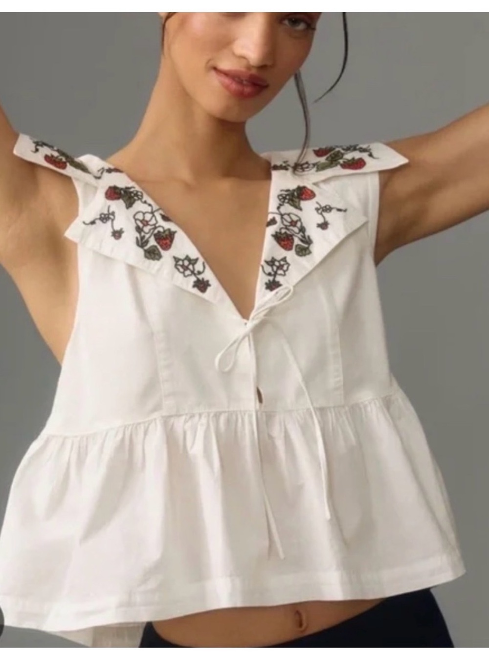 Maeve Anthropologie White Embroidered Peplum Tie-Front Camisole